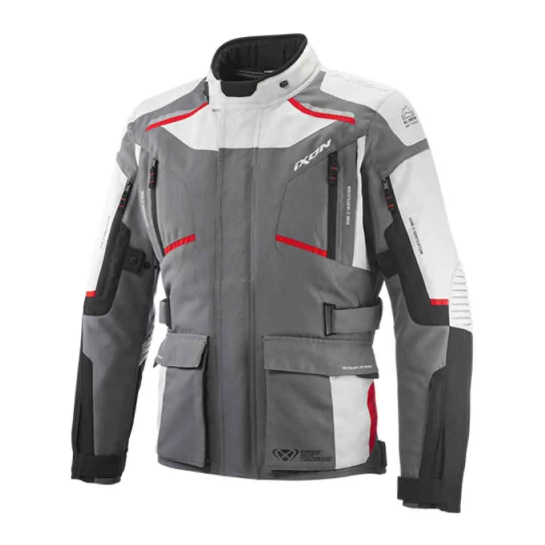Moto jakna Ixon Midgard sivo crno crvena – prednji pogled