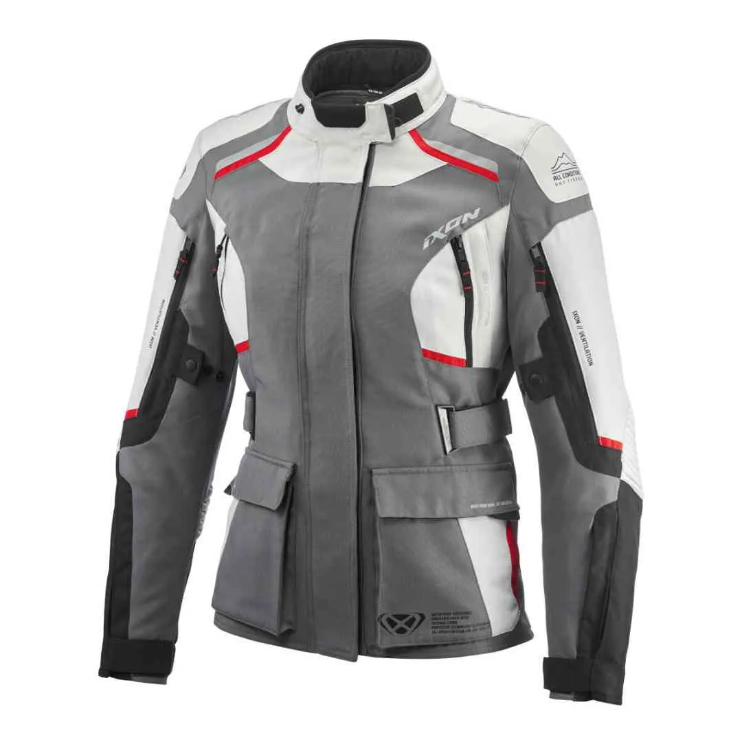 Moto jakna Ixon Midgard Lady sivo crno crvena – prednji pogled